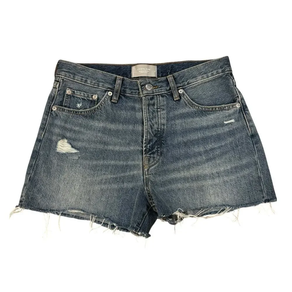 Everlane Relaxed Fit High Rise Button Fly Blue Frayed Hem Denim Shorts Size 27